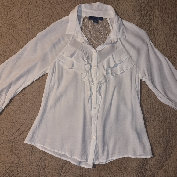Tops - White Lace-Back Ruffle Button-Up Blouse
